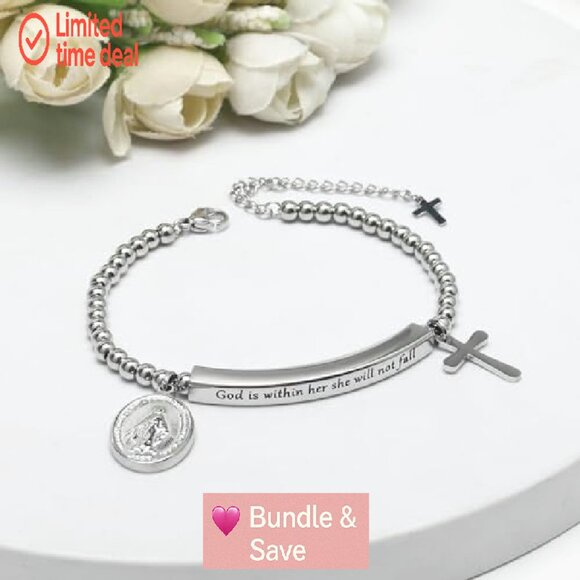 Stainless Steel Christian Charm Bracelet with Cross and Inspirational Verse - Picture 3 of 8